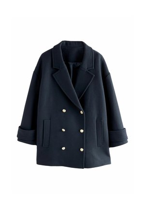 Marineblauer Wollmix-Peacoat mit doppelter Knopfleiste, goldfarbenen Knöpfen, großen Revers und Seitentaschen. Strukturierte Oberfläche.