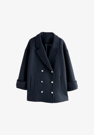 Navy wool blend peacoat with a double-breasted design, featuring gold-tone buttons, large lapels, and side pockets. Textured finish.