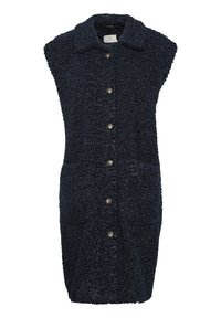 Granatowa, bezrękawnikowa kamizelka zapinana na guziki, wykonana z teksturowanego, puszystego materiału, z dwiema przednimi kieszeniami i kołnierzem. Posiada pięć guzików z przodu.