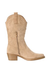 Tan suede mid-calf western boot with decorative stitching, inner side zipper, rounded toe, and low stacked heel.