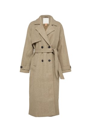 Beiger Wollmischung-Trenchcoat mit doppelter Knopfleiste, großen Revers und passendem Taillengürtel. Mit schwarzen Knöpfen und Akzenten an den Bündchen.