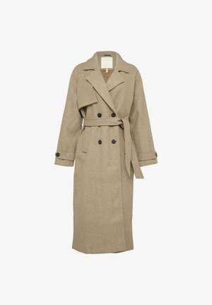 Beiger Wollmischung-Trenchcoat mit doppelter Knopfleiste, großen Revers und passendem Taillengürtel. Mit schwarzen Knöpfen und Akzenten an den Bündchen.