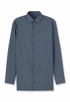 Langärmeliges Hemd in Dunkelblau mit einem geometrischen Muster. Verfügt über eine Knopfleiste, einen Kent-Kragen und eine weiche Stofftextur.