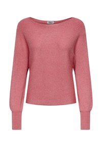 Rosa gerippter Pullover mit weit ausgeschnittenem Kragen und langen Ärmeln, der eine lockere Passform und eine weiche Textur aufweist. Aus leichtem Stoff gefertigt.