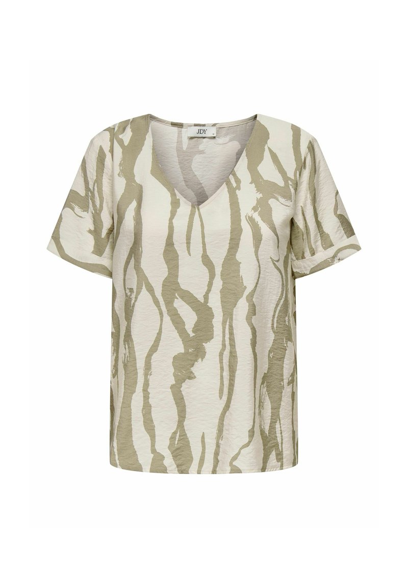 Short-sleeve V-neck top in textured cream fabric with green abstract stripes, featuring a relaxed fit and no visible hardware.
