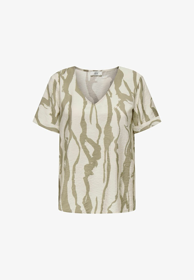 Short-sleeve V-neck top in textured cream fabric with green abstract stripes, featuring a relaxed fit and no visible hardware.