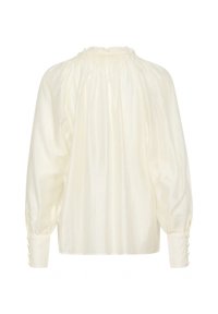 Blusa bianca con scollatura arricciata, maniche a sbuffo e polsini abbottonati, realizzata in un tessuto liscio e strutturato. Viene mostrata la vista posteriore.