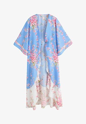 Hellblauer und weißer Kimono-Bademantel mit Blumenmuster, weitem Schnitt und offenem Vorderteil, versehen mit rosa Blüten und grünen Blättern.