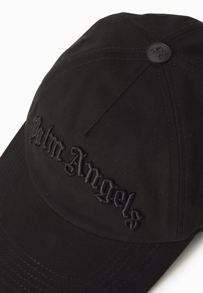 Black baseball cap made of textured fabric, featuring embroidered "Palm Angels" logo in a contrasting color, with a rounded peak and button detail.