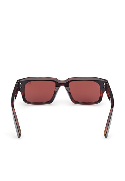Tortoiseshell rectangular sunglasses with dark red lenses and sturdy frame, featuring visible hinges and a sleek, glossy finish.