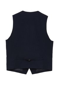 Marineblaues Weste aus glattem Stoff, mit einem tief ausgeschnittenen Rücken, ohne Ärmel und einem kleinen verstellbaren Band an der Taille.
