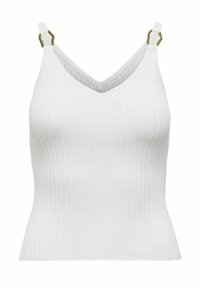 Witte geribde tanktop met een v-halslijn en verstelbare bandjes. Voorzien van metalen hardware accenten op de bandbevestigingen.
