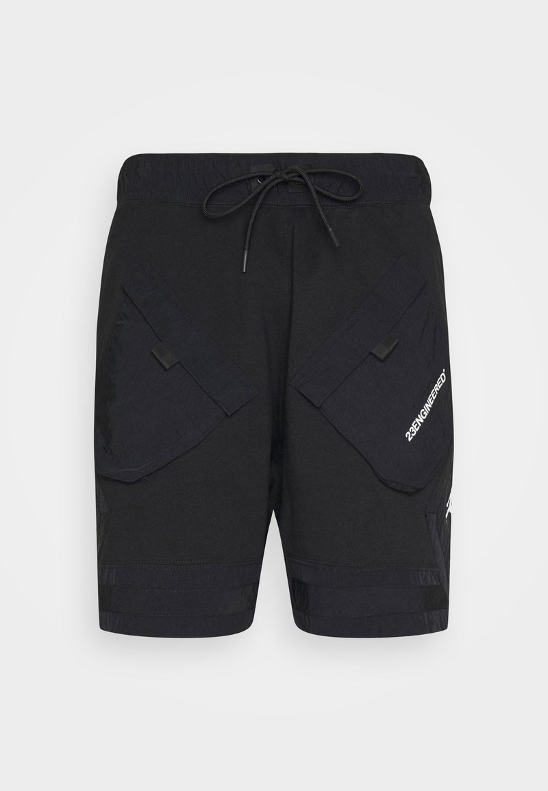 Shorts noirs avec une taille élastique et un cordon de serrage. Comprend deux grandes poches avant, un tissu texturé et un logo imprimé sur le côté.