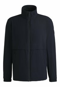 Mörkblå jacka gjord av mjukt tyg, med hög krage, dragkedja fram, två sidofickor och elastiska mudd för en säker passform.