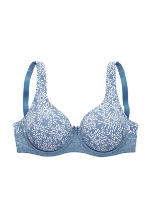 Blue floral-patterned bra with smooth cups and lace trim. Features adjustable straps and slight padding for support.