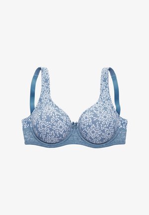 Blue floral-patterned bra with smooth cups and lace trim. Features adjustable straps and slight padding for support.