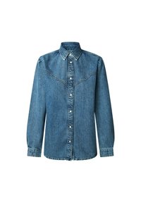 Denim košulja svijetloplave boje s oštrim ovratnikom, prednjim kopčanjem na gumbe i detaljima jarmu u western stilu. Dugi rukavi s manžetama na gumbe.