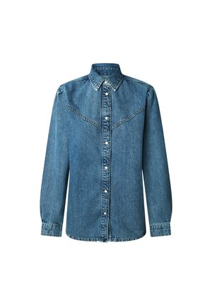 Camisa de denim en azul claro con cuello puntiagudo, cierre frontal de botones y detalles en el yoke de estilo occidental. Mangas largas con puños de botón.