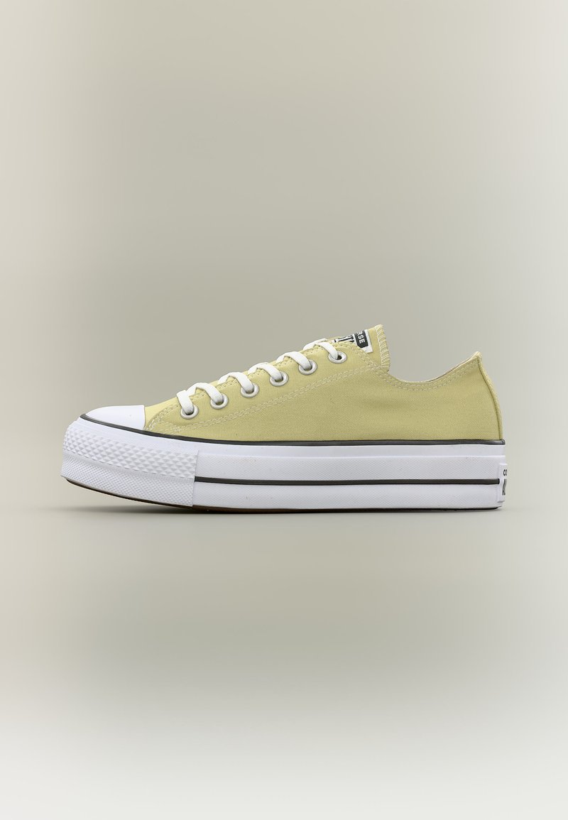 Χαμηλού τύπου ανοιχτό πράσινο πάνινο αθλητικό παπούτσι με λευκή καουτσούκ σόλα, προφυλακτήρα στα δάχτυλα και κορδόνια, εμφανιζόμενο από το πλάι σε ουδέτερο φόντο.