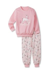 Roze katoenen pyjama set met een langemouwen top met een eenhoornafbeelding en bijpassende broek met een herhalend eenhoornpatroon. Elastische manchetten.