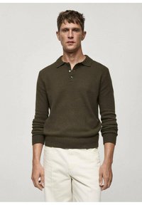 Olive green knitted pullover with a polo collar, buttoned placket, and ribbed cuffs and hem, paired with light-colored trousers.