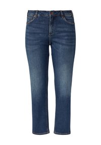 Blaue Denim-Jeans mit geradem Beinschnitt, hoher Taille, fünf Taschen und sanften Ausbleichungen an den Oberschenkeln und Knien.