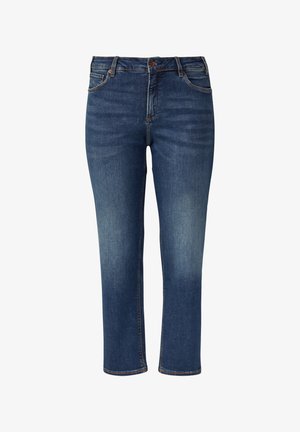 Blaue Denim-Jeans mit geradem Beinschnitt, hoher Taille, fünf Taschen und sanften Ausbleichungen an den Oberschenkeln und Knien.
