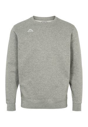 Grå sweatshirt tillverkad av mjukt material, med rund halsringning, långa ärmar och en liten logotyp på den övre vänstra bröstet.