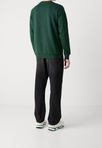 Felpa verde con scollo rotondo, polsini e orlo a costine, abbinata a jeans neri larghi e sneakers bianche con dettagli verdi.