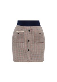 Gonna a scacchi con una vita blu navy, dotata di quattro tasche frontali, bottoni neri e piping bianco in accentuazione lungo le tasche.