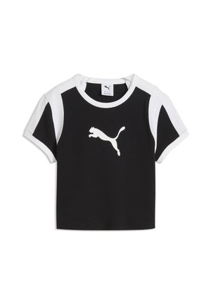 Sort og hvid Puma t-shirt med korte ærmer, med hvidt Puma-logo centreret på brystet og hvide skulder- og ærmedetaljer.