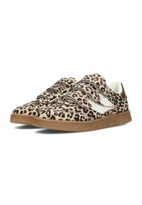Sneakers with leopard print fabric, featuring brown accents, three Velcro straps, and a tan rubber outsole for traction.