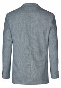 Lichtblauwe blazer met een subtiel geweven patroon, enkelvoudige sluiting, lange mouwen en reverskraag, met knoopdetails op de mouwen.