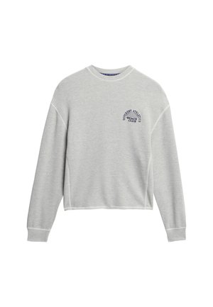Lichtgrijze cropped sweatshirt met lange mouwen, geribbelde halslijn en marineblauwe opdruk aan de linkerkant van de borst. Zachte katoen, casual ontwerp.