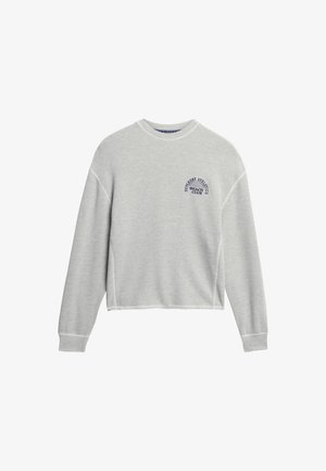 Lichtgrijze cropped sweatshirt met lange mouwen, geribbelde halslijn en marineblauwe opdruk aan de linkerkant van de borst. Zachte katoen, casual ontwerp.