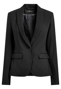 Blazer nero su misura con rever a notched, due tasche frontali, chiusura a un bottone e fodera a pois. Vestibilità classica e design strutturato.