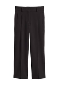 Black wide-leg trousers made of smooth fabric, featuring front pockets and a clean, tailored waistband with pleats for added detail.