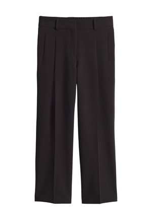 Black wide-leg trousers made of smooth fabric, featuring front pockets and a clean, tailored waistband with pleats for added detail.