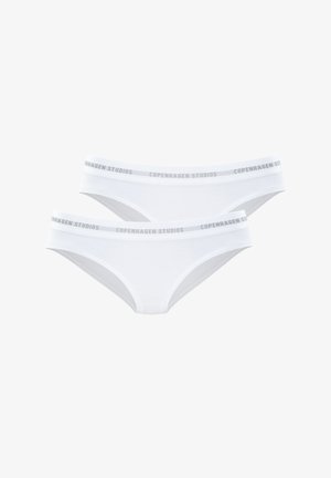 Baltas kokvilnas apakšveļa ar gludu tekstūru, apaļveida forma un elastīga jostasvieta, kas iezīmēta ar "Copenhagen Studios" pelēkā krāsā.