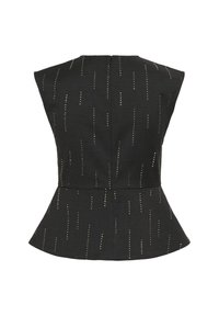 Czarny top peplum z teksturowanej tkaniny z pionowymi srebrnymi akcentami, usztywnionymi ramionami oraz ukrytym zamkiem błyskawicznym z tyłu.