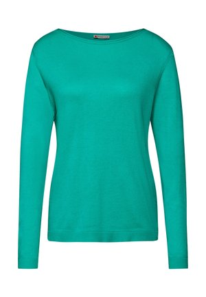 Turquoise svetr s dlouhým rukávem a širokým výstřihem ve tvaru lodi. Vyrobeno z měkké, hladké tkaniny s žebrovanými manžetami a lemem. Bez vzorů a dekorací.