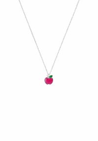 Silberne Kette mit einem pinken Glitzer-Apfel-Anhänger und einem grünen Blattekzent. Einfaches Design mit glatten Texturen.