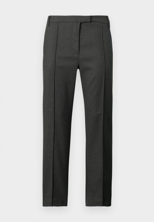 Pantaloni sagomati grigio scuro con piega frontale, passanti per cintura e chiusura frontale nascosta, esposti su uno sfondo bianco.
