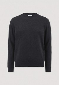 Dunkelgrauer Strickpullover mit rundem Ausschnitt, langen Ärmeln und gerippten Bündchen sowie Saum. Weiche Textur mit glatter Oberfläche.