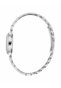 Silverklocka med ett runt fodral med en svart krona, länkad rem med droppformade metallänkar och polerad finish.