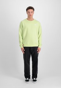 Lys grøn sweatshirt lavet af blødt stof, med rund halsudskæring og et lille logo. Båret sammen med sorte jeans og sorte sneakers.