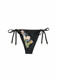 Zwarte bikinibroekje met bloemenprint, verstelbare zijstrikjes en kleine decoratieve kralen aan de strikjes. Gemaakt van glad, rekbaar materiaal.