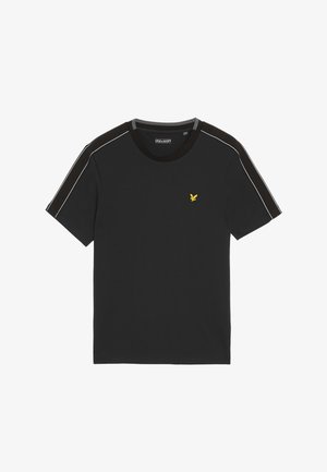 Zwarte t-shirt met korte mouwen en een ronde hals, voorzien van contrasterende zwarte en grijze schouderstrepen en een klein geel adelaar embleem.