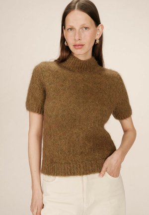 Suéter marrón de manga corta con un cuello alto. Hecho de una tela suave y texturizada, presenta un corte ligeramente holgado y bordes acanalados.