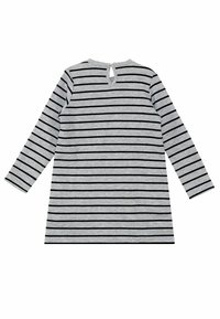 Graues Langarmkleid mit schwarzen horizontalen Streifen. Besitzt einen Knopf mit Ausschnitt im Rücken. Weicher, strukturierter Stoff.